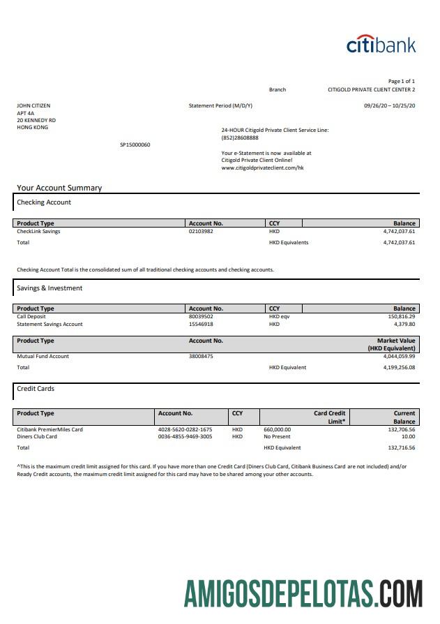 Exemplo de extrato de cartão de crédito Citibank de Hong Kong